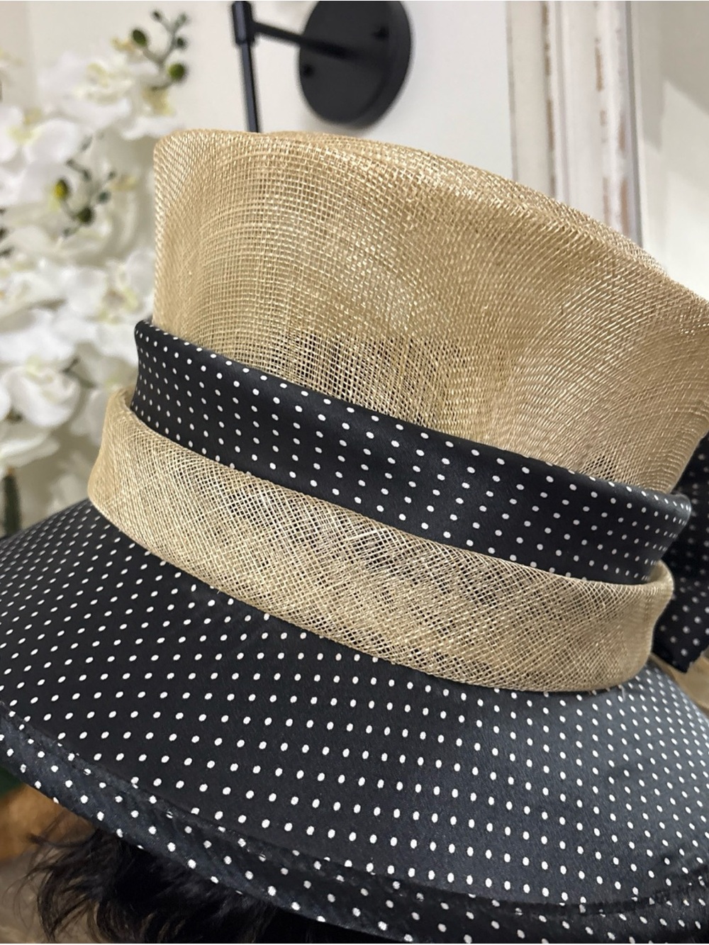 Womens Black & Natural Straw Polka Dot Wide-Brim Hat - Picture 4 of 5